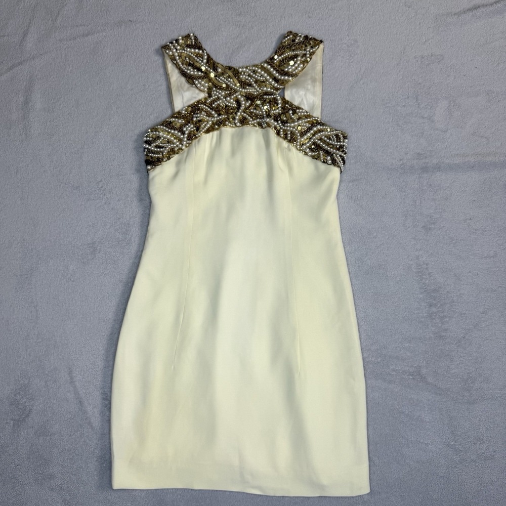 Ivory Gold Pearl Beaded Sequin Sheath Women's Cocktail Dress Formal Tag Removed